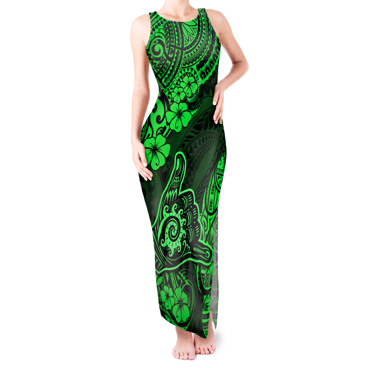 Hawaii Shaka Sign Tank Maxi Dress With Polynesian Hibiscus Green Unique LT01 Women Green - Polynesian Pride