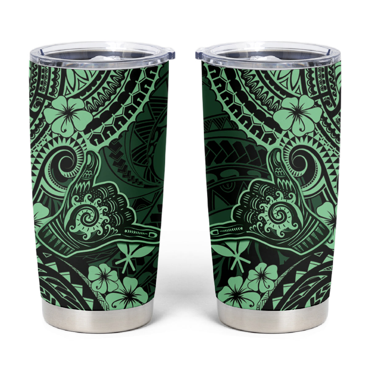 Hawaii Shaka Sign Tumbler Cup With Polynesian Hibiscus Green Unique