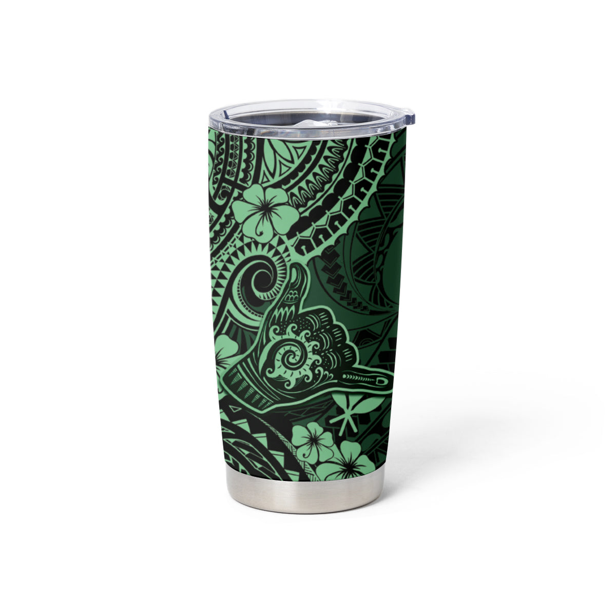 Hawaii Shaka Sign Tumbler Cup With Polynesian Hibiscus Green Unique