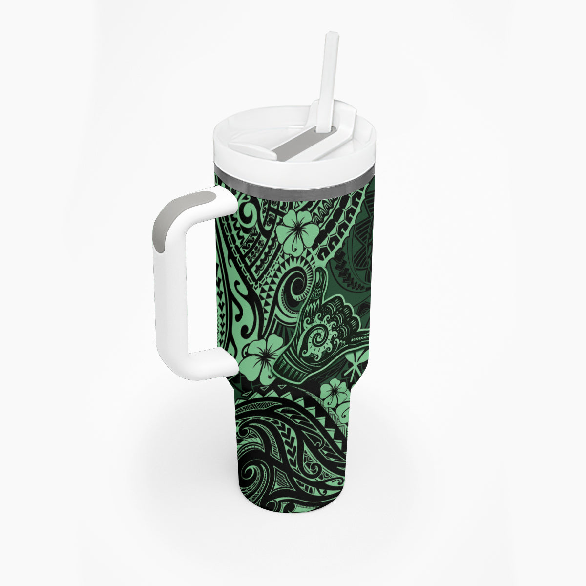Hawaii Shaka Sign Tumbler With Handle With Polynesian Hibiscus Green Unique