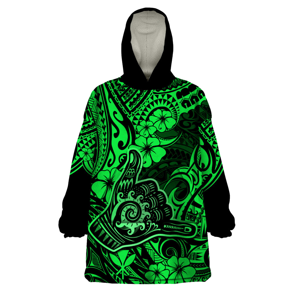 Hawaii Shaka Sign Wearable Blanket Hoodie With Polynesian Hibiscus Green Unique LT01 One Size Green - Polynesian Pride