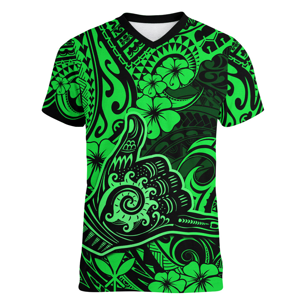 Hawaii Shaka Sign Women V Neck T Shirt With Polynesian Hibiscus Green Unique LT01 Female Green - Polynesian Pride
