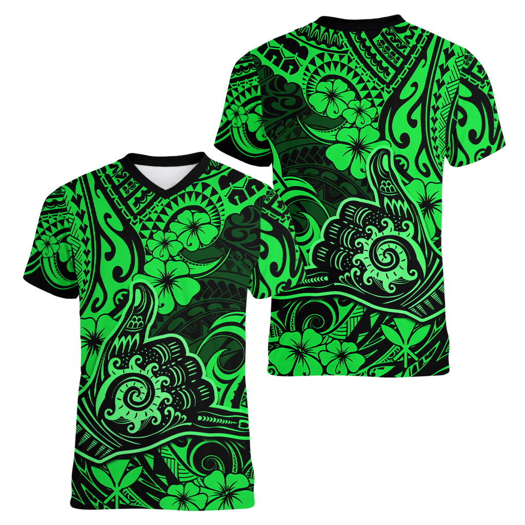 Hawaii Shaka Sign Women V Neck T Shirt With Polynesian Hibiscus Green Unique LT01 - Polynesian Pride