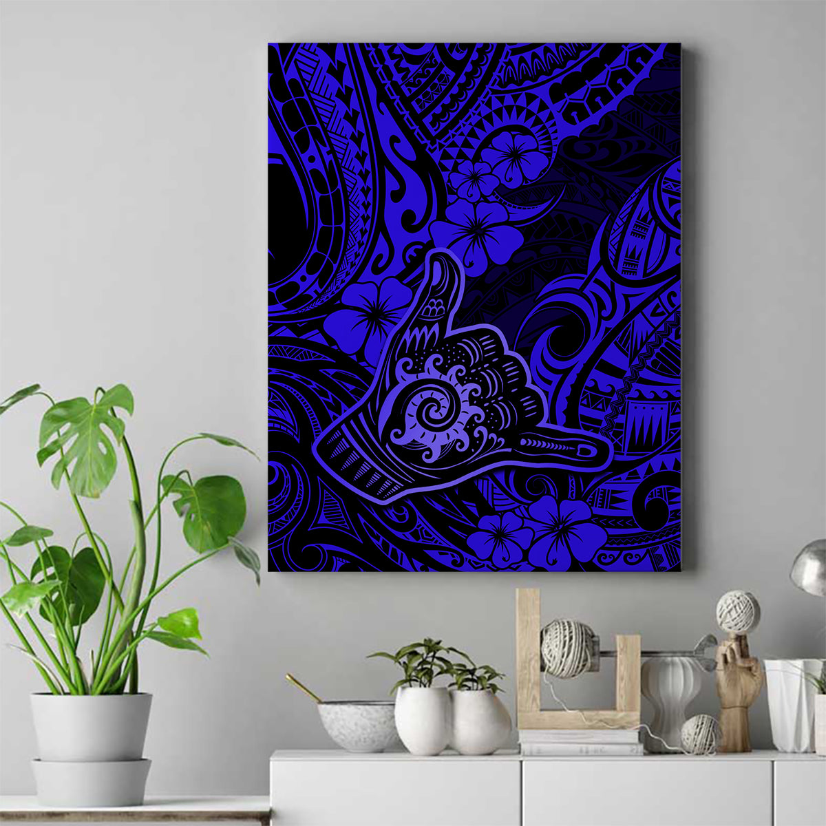 Hawaii Shaka Sign Canvas Wall Art With Polynesian Hibiscus Navy Blue Unique LT01 Blue - Polynesian Pride