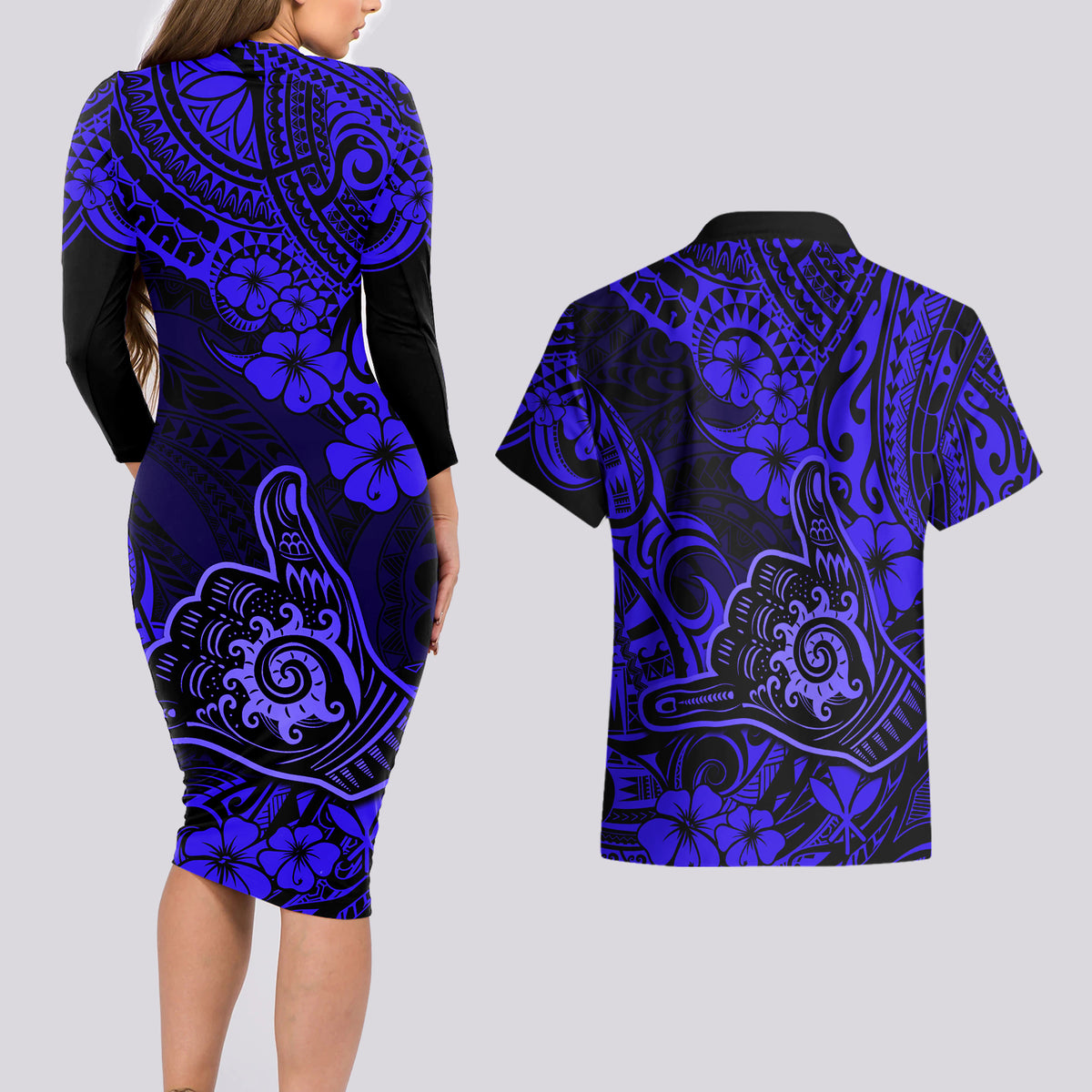 Hawaii Shaka Sign Couples Matching Long Sleeve Bodycon Dress and Hawaiian Shirt With Polynesian Hibiscus Navy Blue Unique LT01 - Polynesian Pride