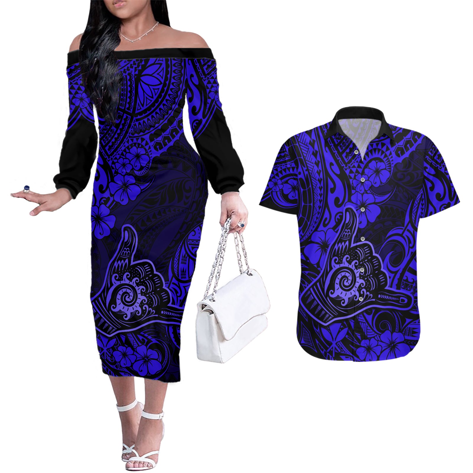 Hawaii Shaka Sign Couples Matching Off The Shoulder Long Sleeve Dress and Hawaiian Shirt With Polynesian Hibiscus Navy Blue Unique LT01 Blue - Polynesian Pride