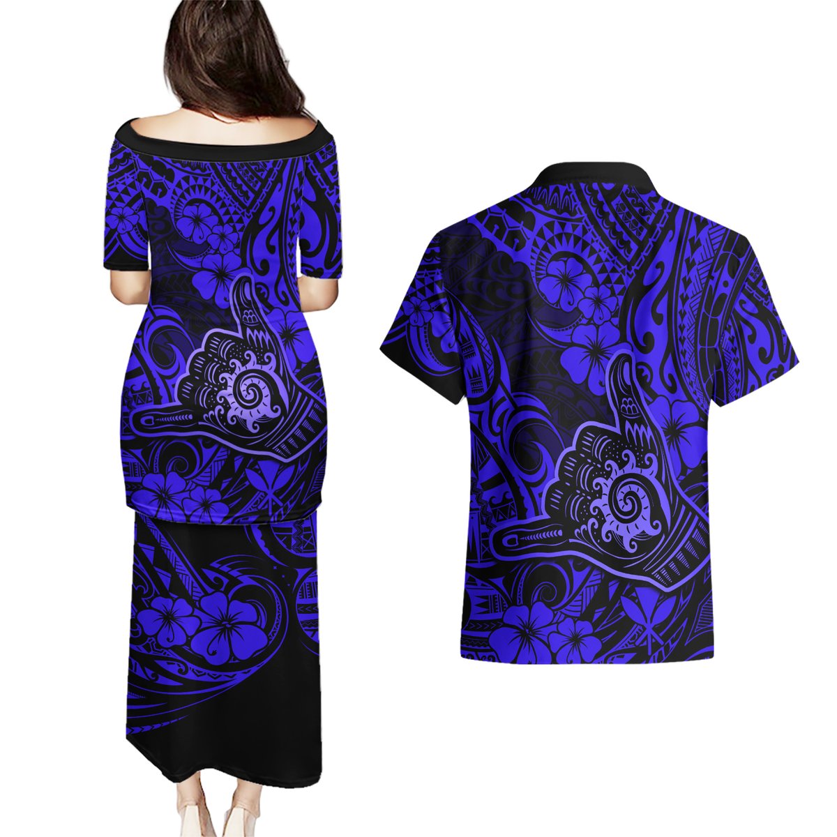 Hawaii Shaka Sign Couples Matching Puletasi Dress and Hawaiian Shirt With Polynesian Hibiscus Navy Blue Unique LT01 - Polynesian Pride