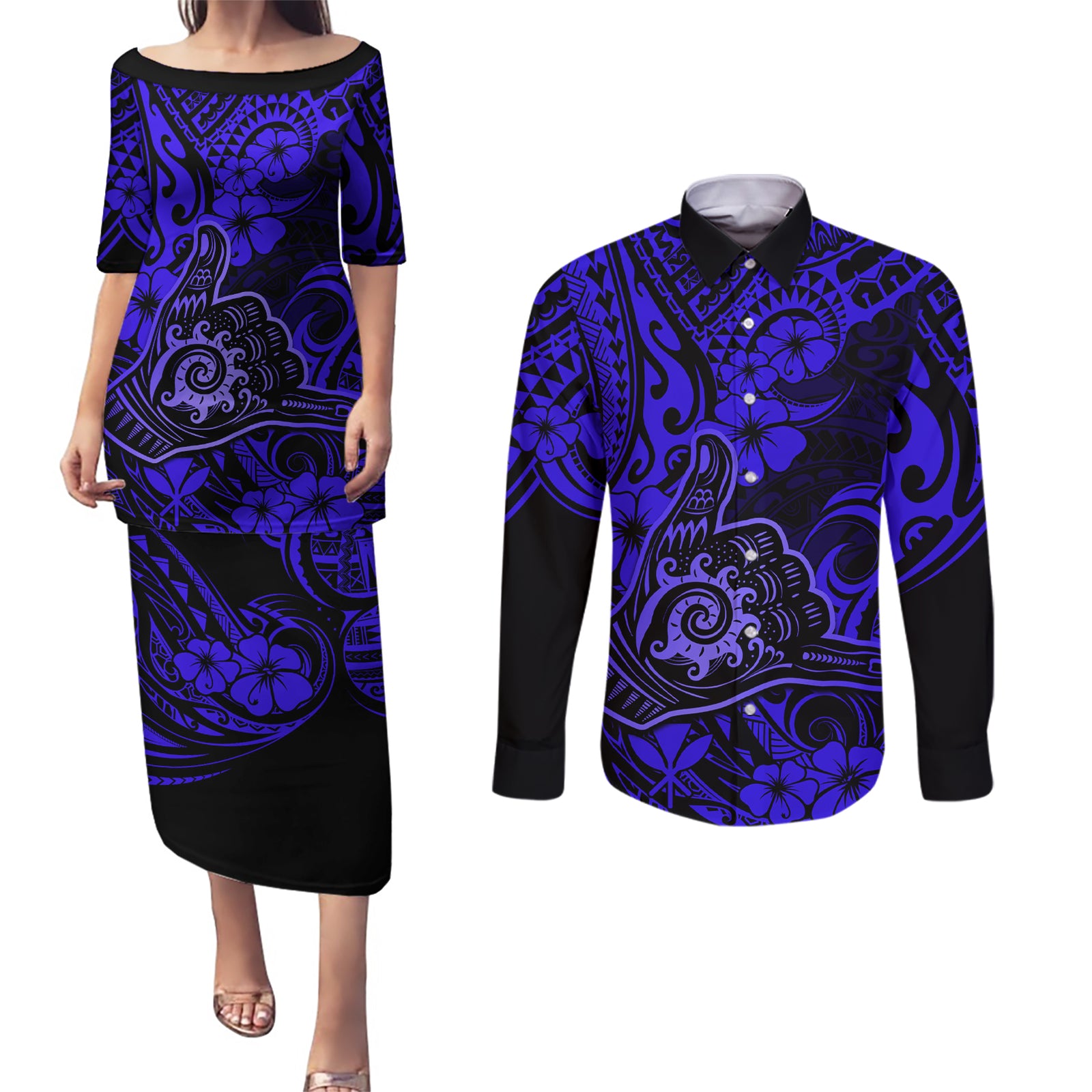 Hawaii Shaka Sign Couples Matching Puletasi Dress and Long Sleeve Button Shirts With Polynesian Hibiscus Navy Blue Unique LT01 Blue - Polynesian Pride