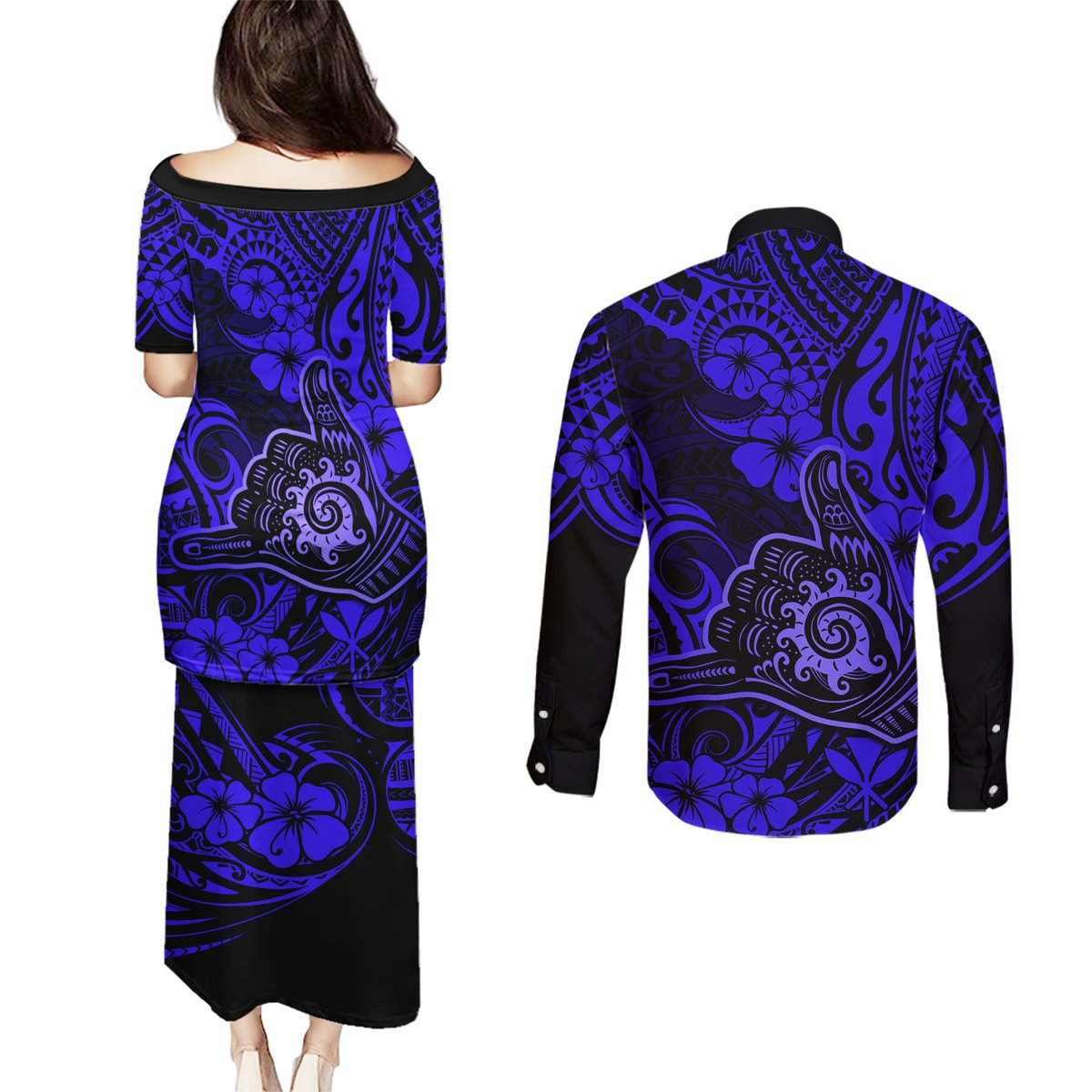 Hawaii Shaka Sign Couples Matching Puletasi Dress and Long Sleeve Button Shirts With Polynesian Hibiscus Navy Blue Unique LT01 - Polynesian Pride