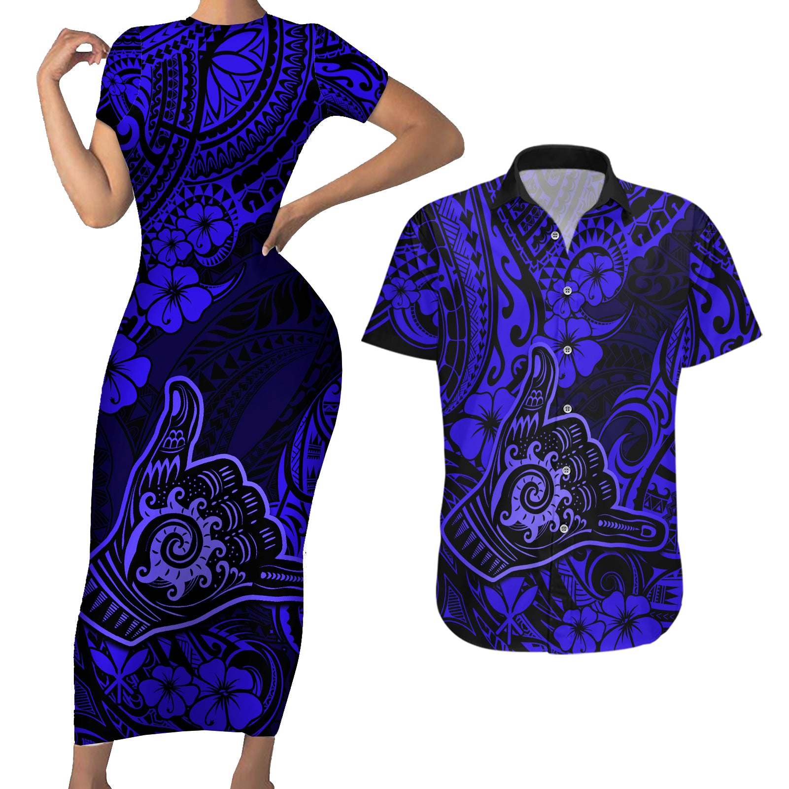 Hawaii Shaka Sign Couples Matching Short Sleeve Bodycon Dress and Hawaiian Shirt With Polynesian Hibiscus Navy Blue Unique LT01 Blue - Polynesian Pride