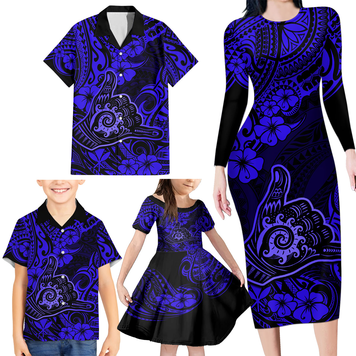 Hawaii Shaka Sign Family Matching Long Sleeve Bodycon Dress and Hawaiian Shirt With Polynesian Hibiscus Navy Blue Unique LT01 - Polynesian Pride