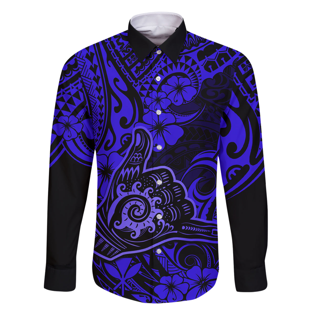 Hawaii Shaka Sign Family Matching Long Sleeve Bodycon Dress and Hawaiian Shirt With Polynesian Hibiscus Navy Blue Unique LT01 Dad's Shirt - Long Sleeve Blue - Polynesian Pride