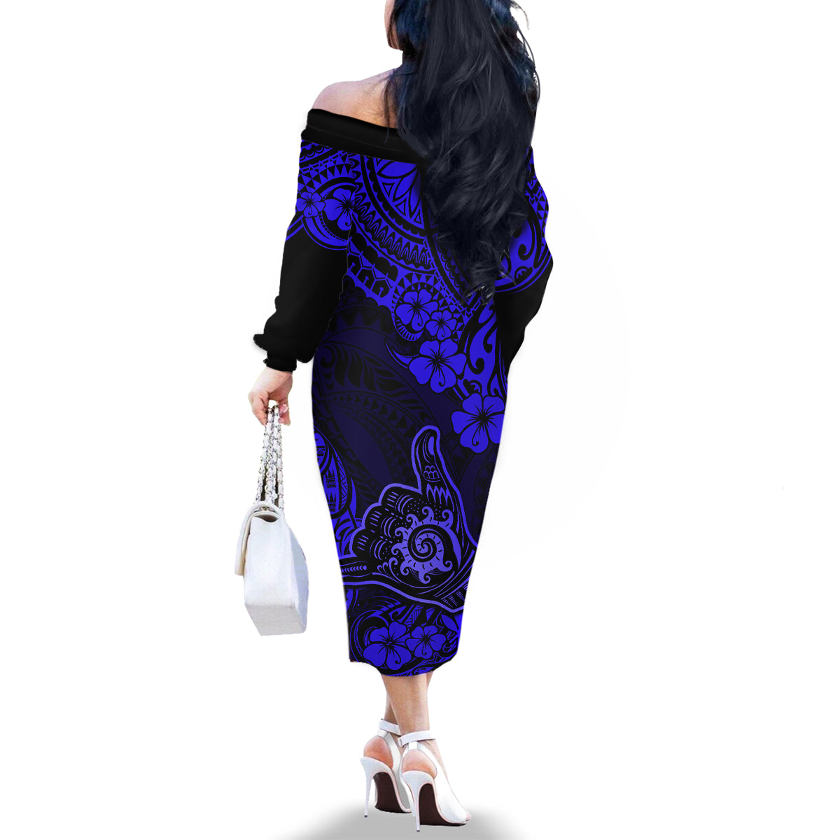 Hawaii Shaka Sign Family Matching Off Shoulder Long Sleeve Dress and Hawaiian Shirt With Polynesian Hibiscus Navy Blue Unique LT01 - Polynesian Pride