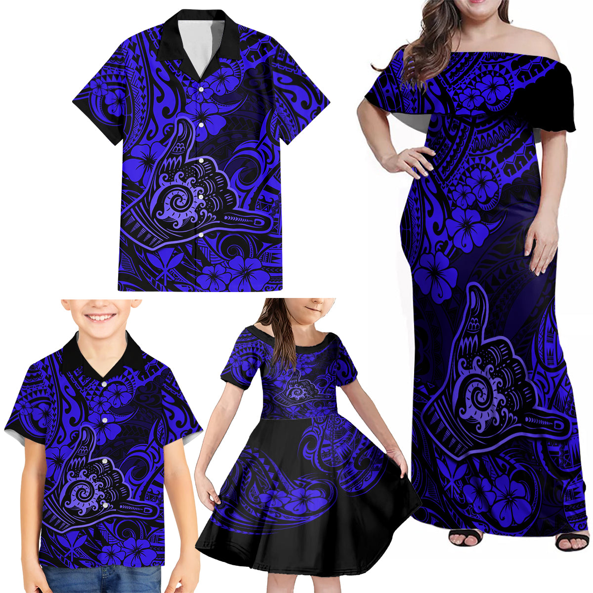 Hawaii Shaka Sign Family Matching Off Shoulder Maxi Dress and Hawaiian Shirt With Polynesian Hibiscus Navy Blue Unique LT01 - Polynesian Pride