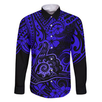 Hawaii Shaka Sign Family Matching Off Shoulder Short Dress and Hawaiian Shirt With Polynesian Hibiscus Navy Blue Unique LT01 Dad's Shirt - Long Sleeve Blue - Polynesian Pride