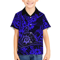 Hawaii Shaka Sign Family Matching Off Shoulder Short Dress and Hawaiian Shirt With Polynesian Hibiscus Navy Blue Unique LT01 Son's Shirt Blue - Polynesian Pride