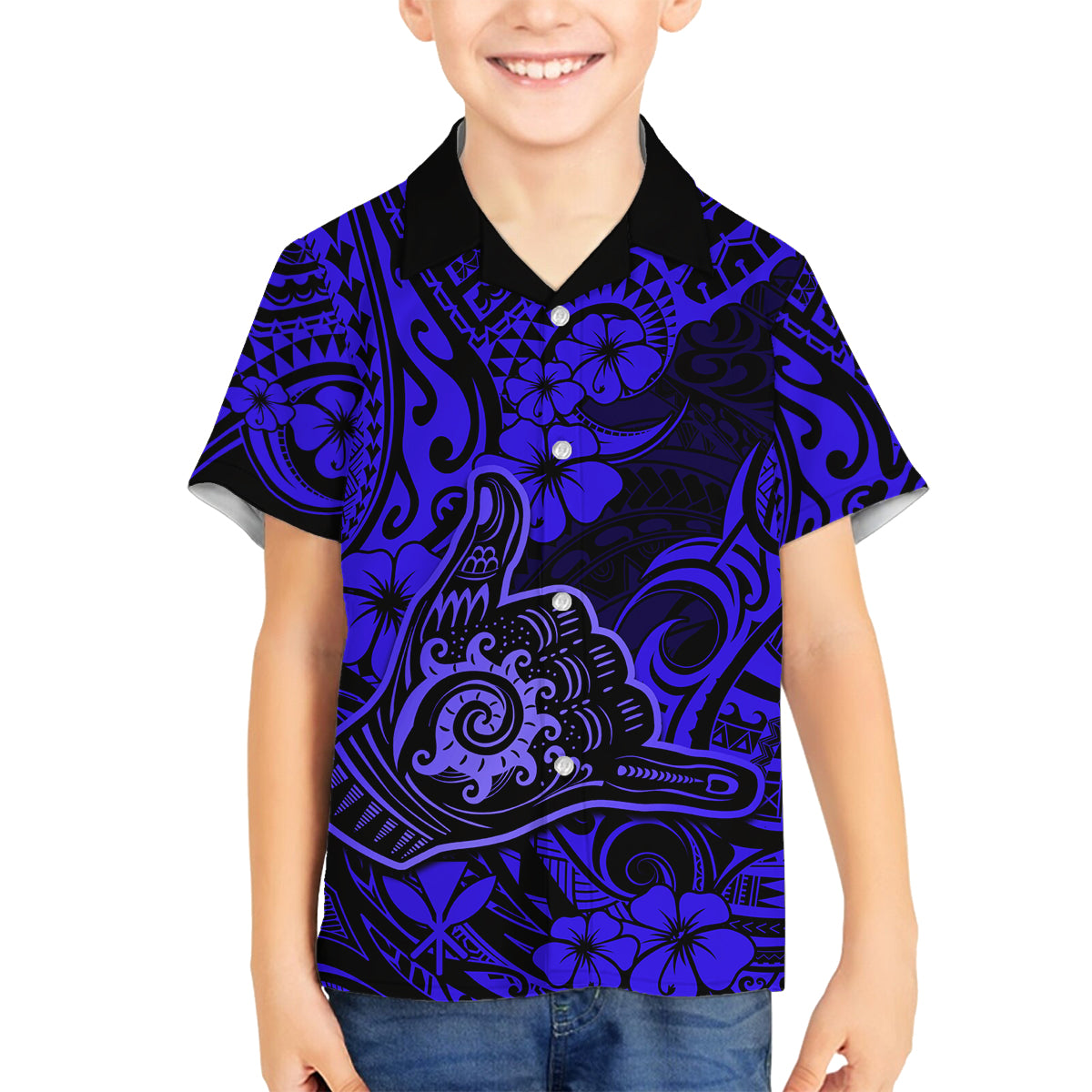 Hawaii Shaka Sign Family Matching Tank Maxi Dress and Hawaiian Shirt With Polynesian Hibiscus Navy Blue Unique LT01 Son's Shirt Blue - Polynesian Pride