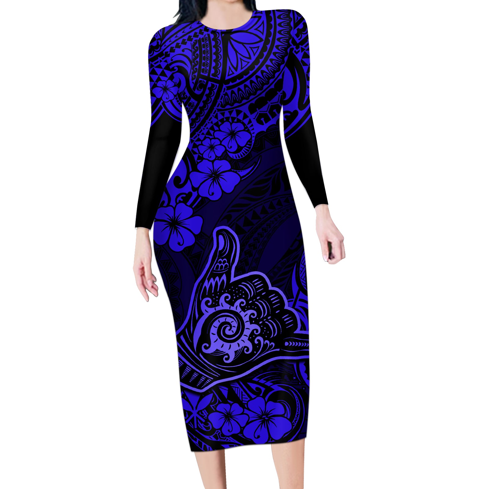 Hawaii Shaka Sign Long Sleeve Bodycon Dress With Polynesian Hibiscus Navy Blue Unique LT01 Long Dress Blue - Polynesian Pride