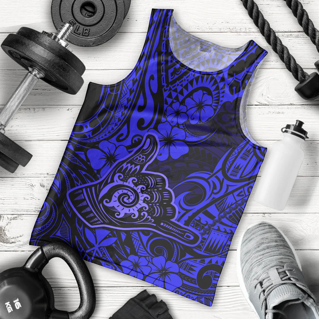 Hawaii Shaka Sign Men Tank Top With Polynesian Hibiscus Navy Blue Unique LT01 Blue - Polynesian Pride