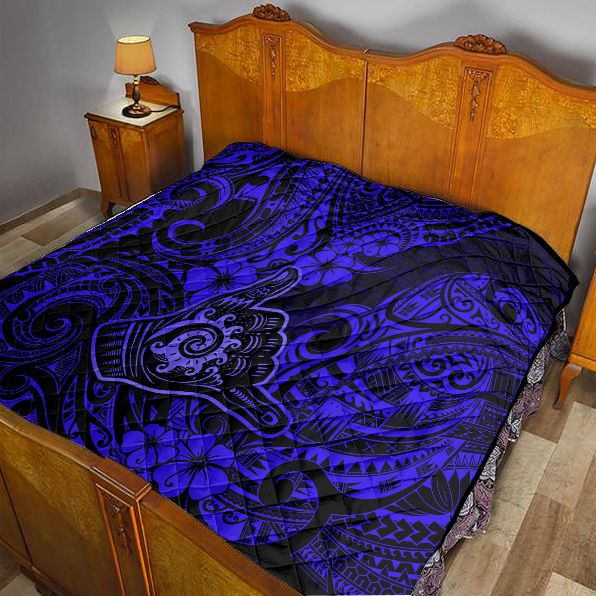 Hawaii Shaka Sign Quilt With Polynesian Hibiscus Navy Blue Unique LT01 - Polynesian Pride