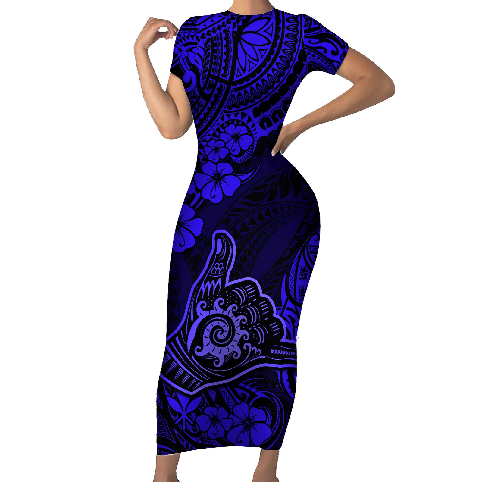 Hawaii Shaka Sign Short Sleeve Bodycon Dress With Polynesian Hibiscus Navy Blue Unique LT01 Long Dress Blue - Polynesian Pride