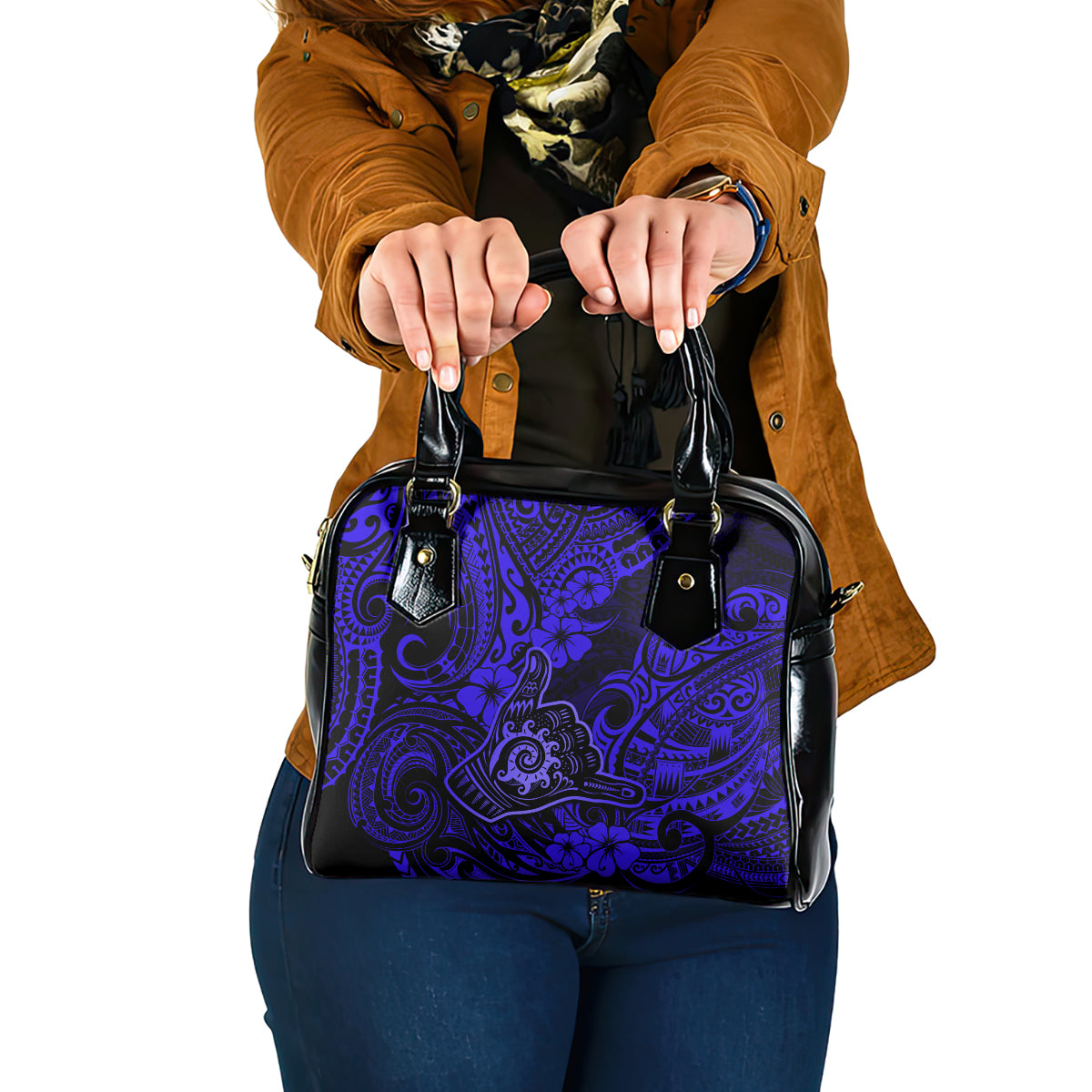 Hawaii Shaka Sign Shoulder Handbag With Polynesian Hibiscus Navy Blue Unique LT01 One Size Blue - Polynesian Pride