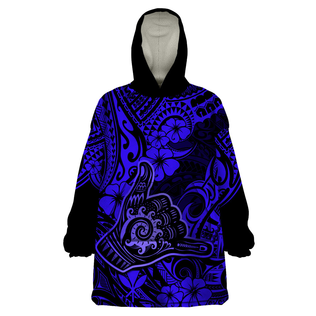 Hawaii Shaka Sign Wearable Blanket Hoodie With Polynesian Hibiscus Navy Blue Unique LT01 One Size Blue - Polynesian Pride