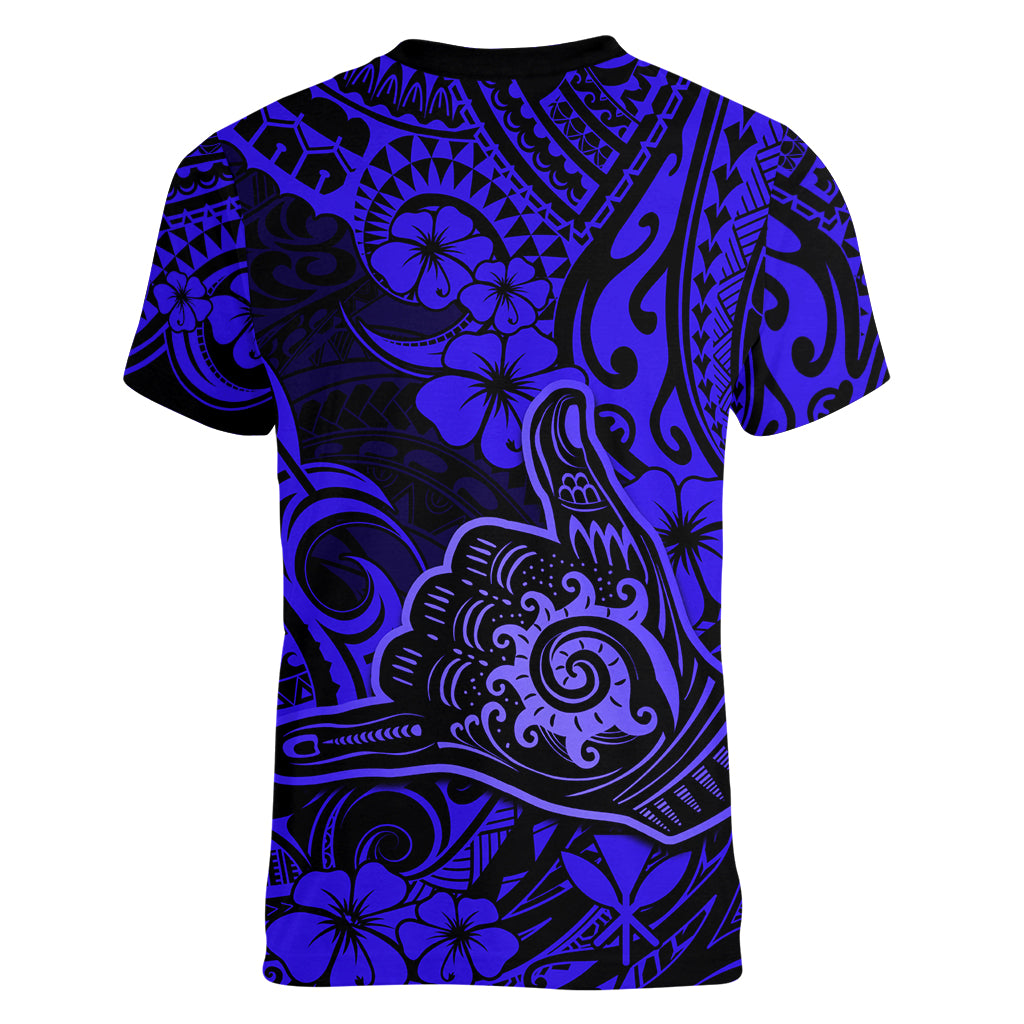 Hawaii Shaka Sign Women V Neck T Shirt With Polynesian Hibiscus Navy Blue Unique LT01 - Polynesian Pride