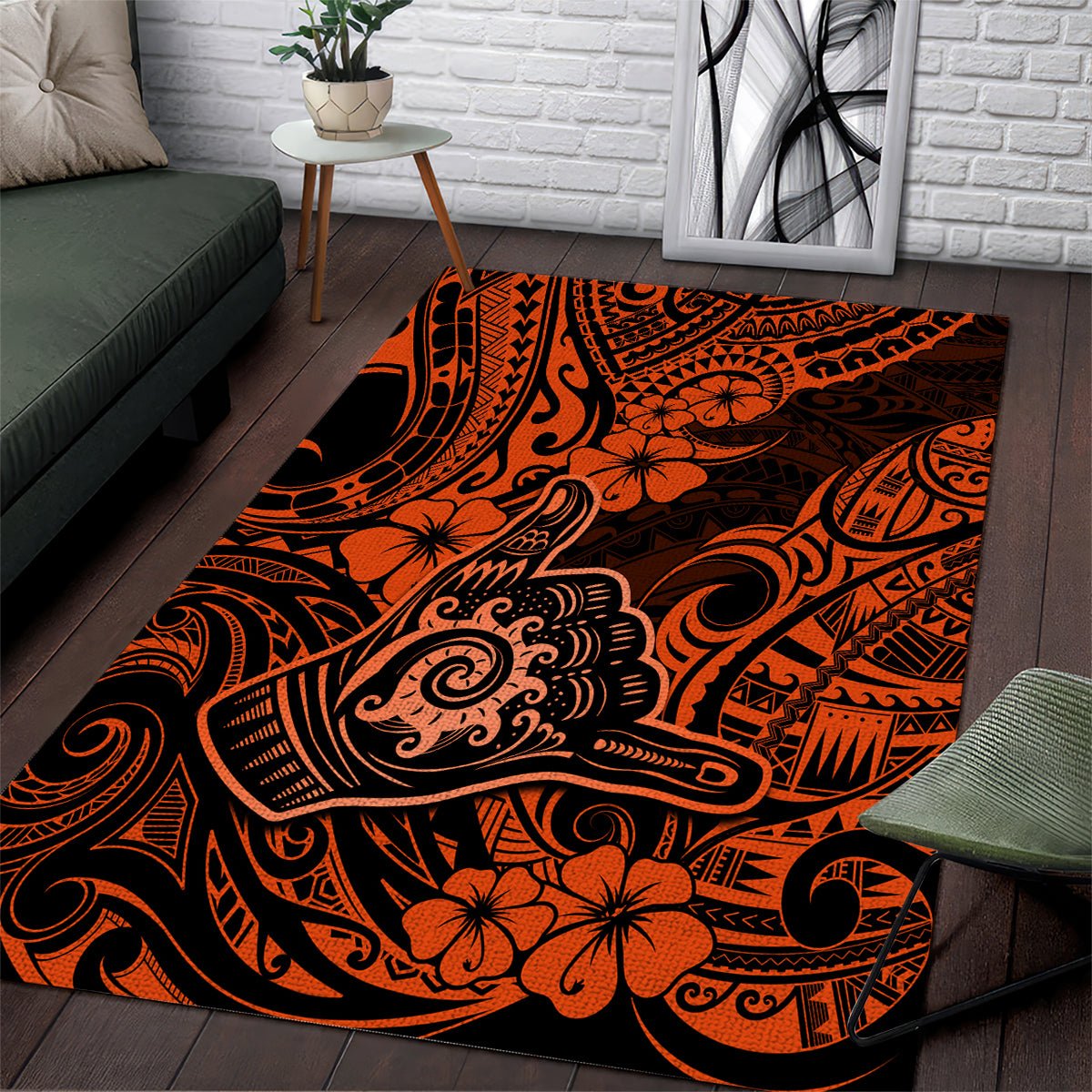 Hawaii Shaka Sign Area Rug With Polynesian Hibiscus Orange Unique LT01 Orange - Polynesian Pride