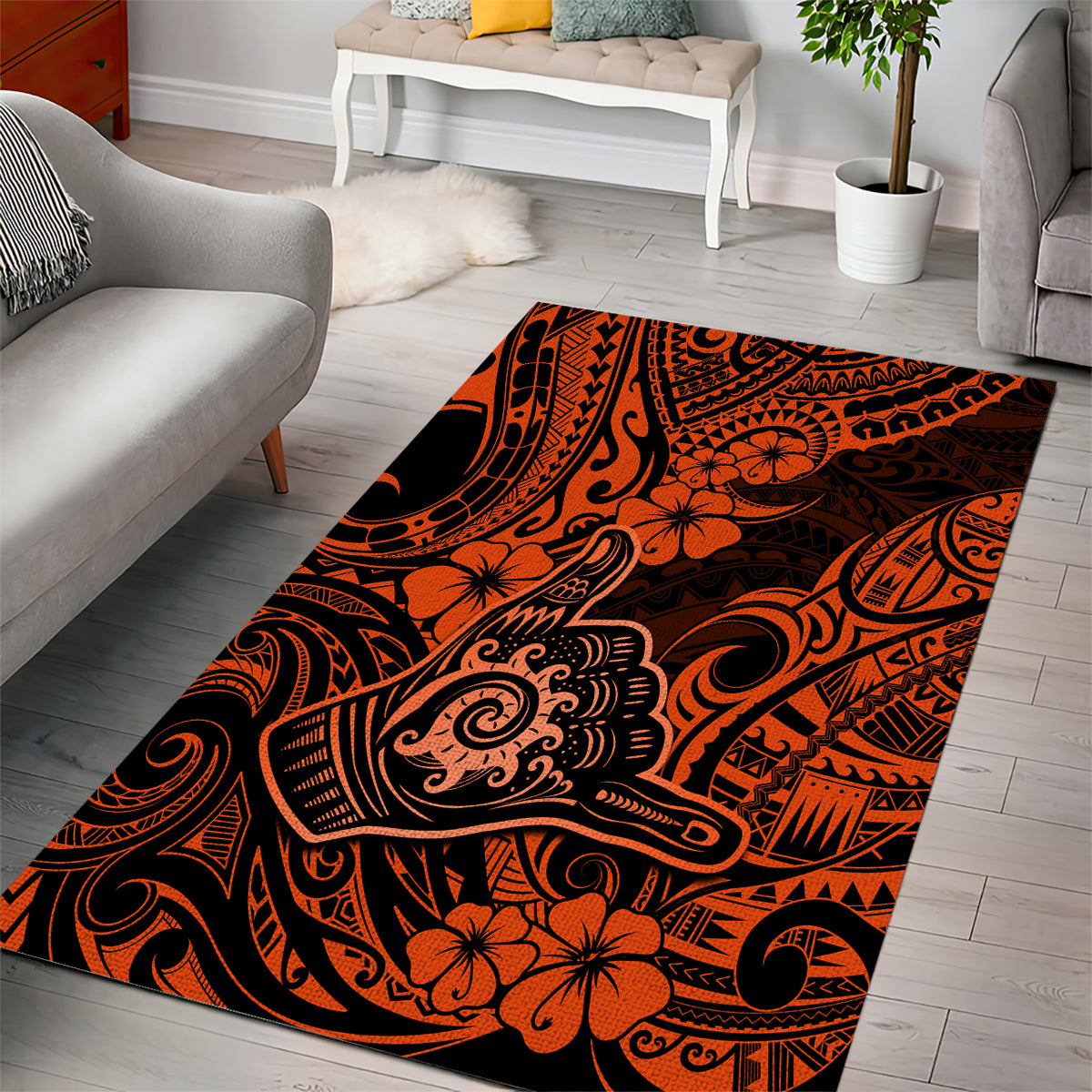 Hawaii Shaka Sign Area Rug With Polynesian Hibiscus Orange Unique LT01 - Polynesian Pride