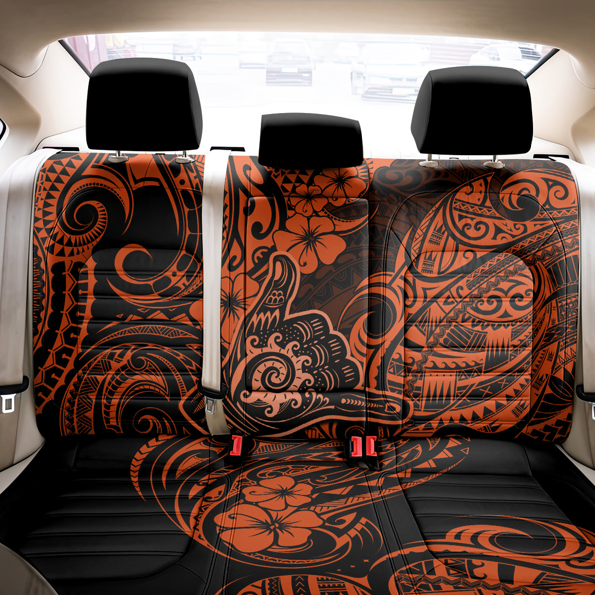 Hawaii Shaka Sign Back Car Seat Cover With Polynesian Hibiscus Orange Unique