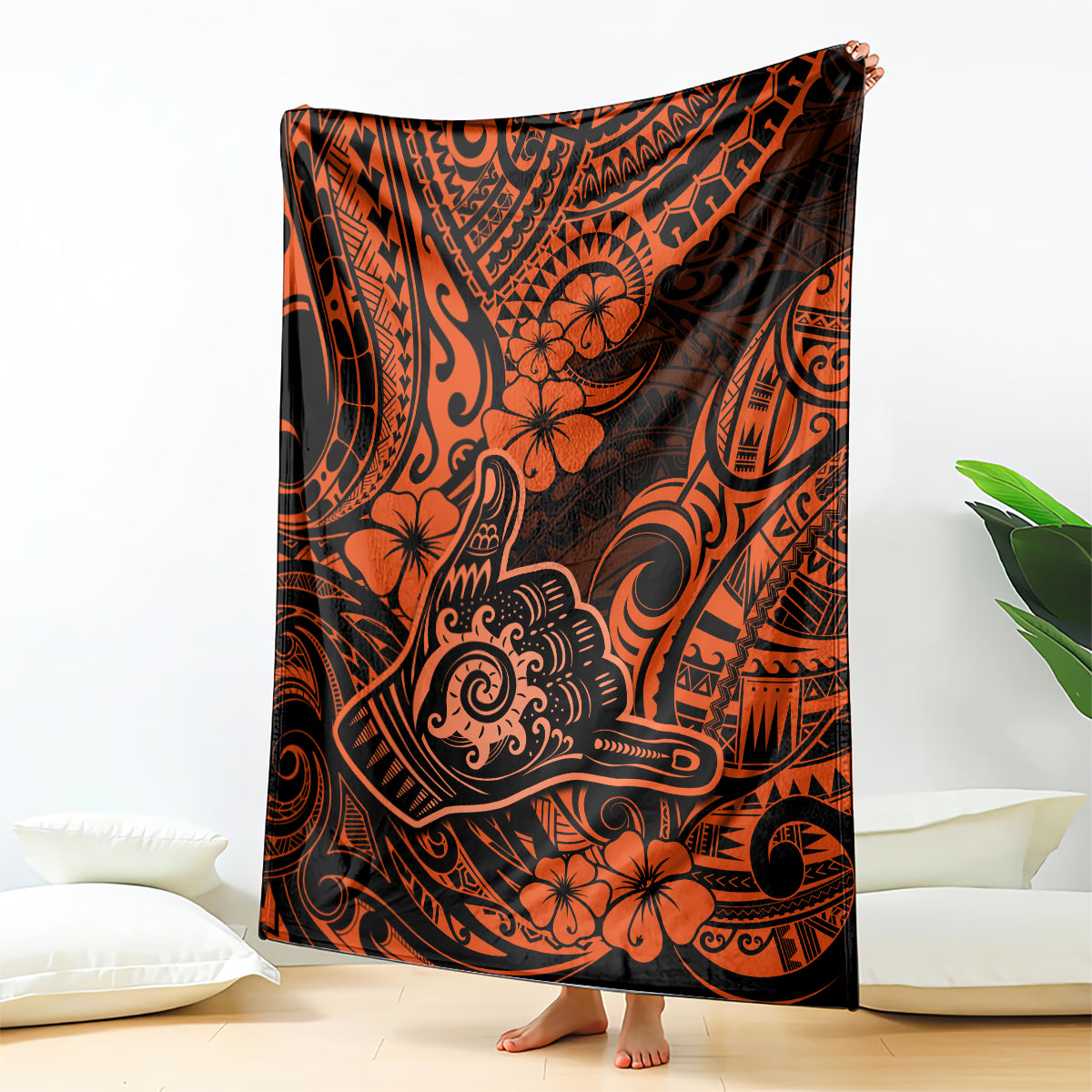 Hawaii Shaka Sign Blanket With Polynesian Hibiscus Orange Unique LT01 Orange - Polynesian Pride