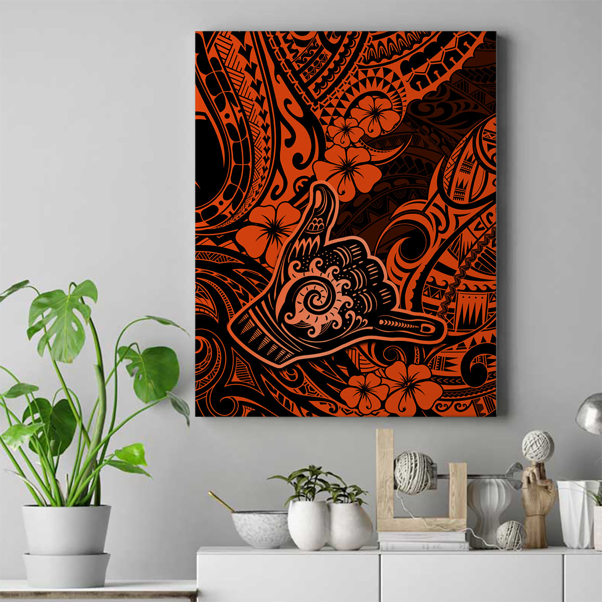 Hawaii Shaka Sign Canvas Wall Art With Polynesian Hibiscus Orange Unique LT01 Orange - Polynesian Pride