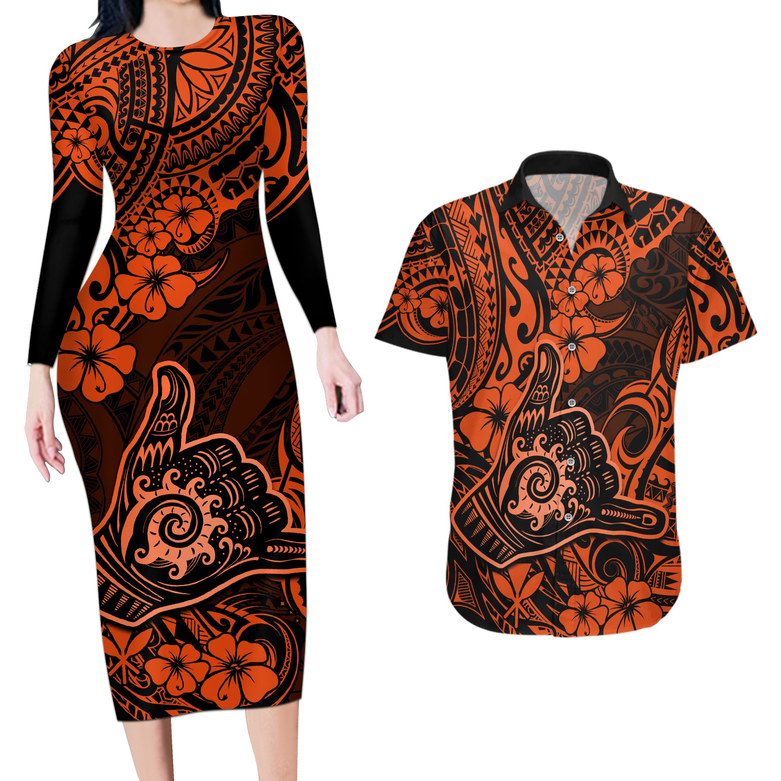 Hawaii Shaka Sign Couples Matching Long Sleeve Bodycon Dress and Hawaiian Shirt With Polynesian Hibiscus Orange Unique LT01 Orange - Polynesian Pride