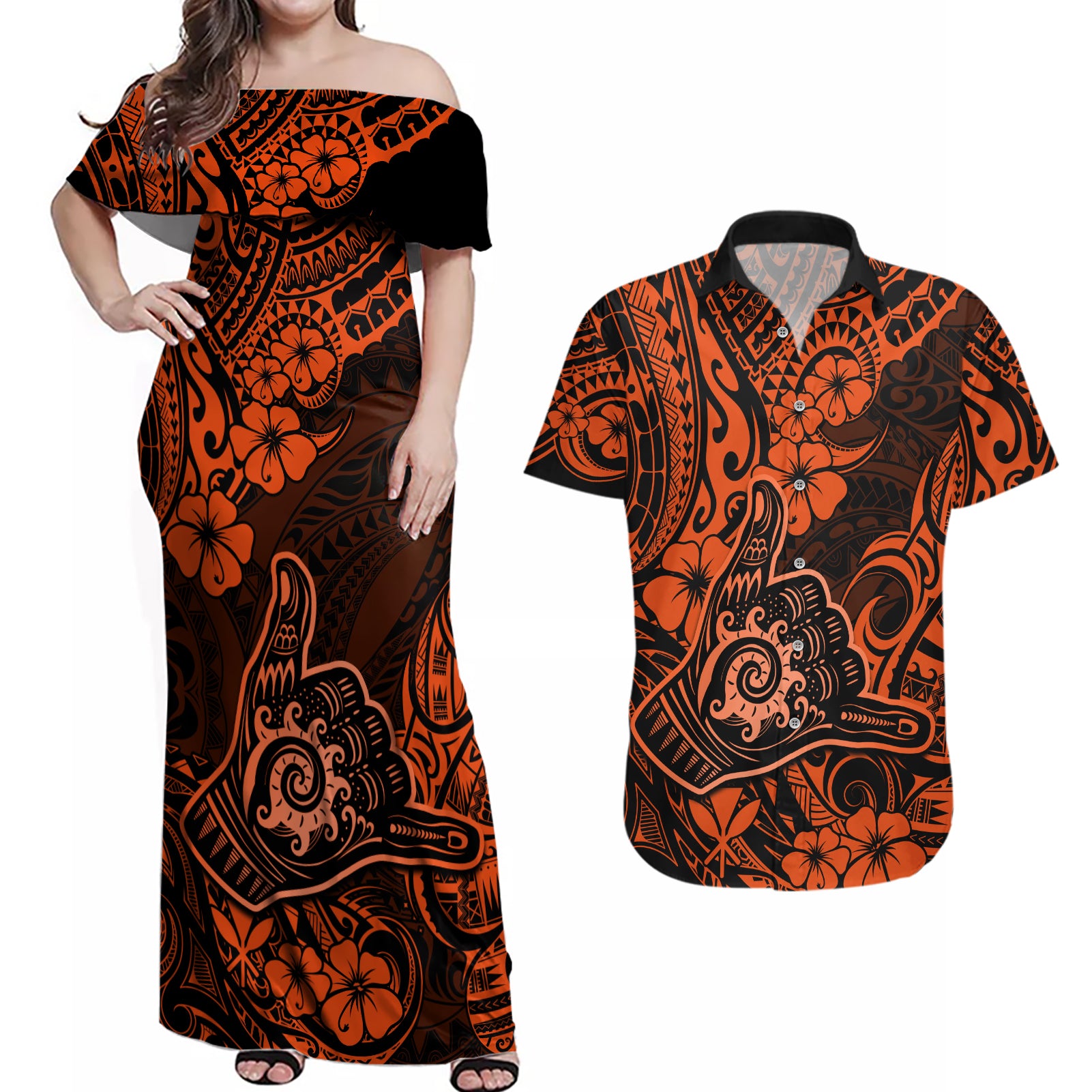 Hawaii Shaka Sign Couples Matching Off Shoulder Maxi Dress and Hawaiian Shirt With Polynesian Hibiscus Orange Unique LT01 Orange - Polynesian Pride