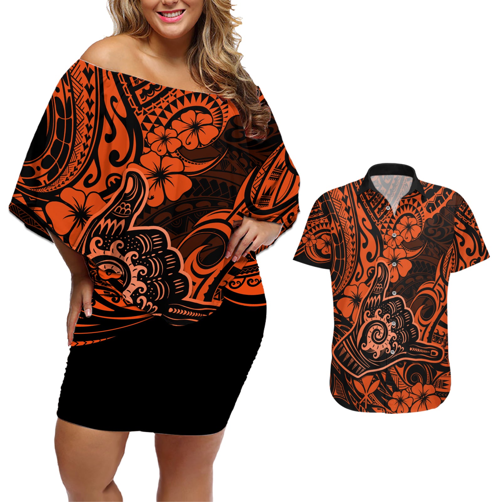 Hawaii Shaka Sign Couples Matching Off Shoulder Short Dress and Hawaiian Shirt With Polynesian Hibiscus Orange Unique LT01 Orange - Polynesian Pride