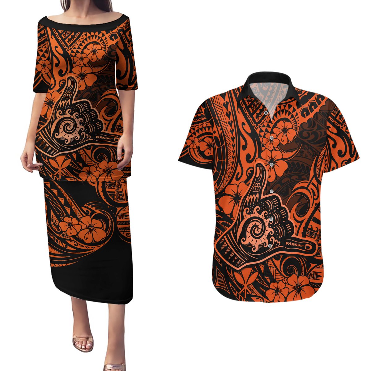 Hawaii Shaka Sign Couples Matching Puletasi Dress and Hawaiian Shirt With Polynesian Hibiscus Orange Unique LT01 Orange - Polynesian Pride