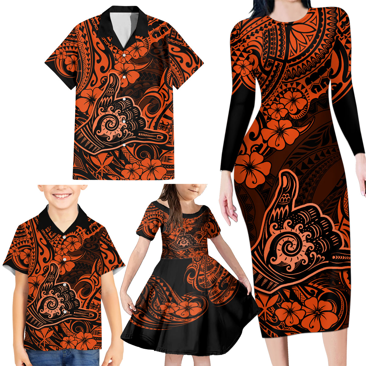 Hawaii Shaka Sign Family Matching Long Sleeve Bodycon Dress and Hawaiian Shirt With Polynesian Hibiscus Orange Unique LT01 - Polynesian Pride