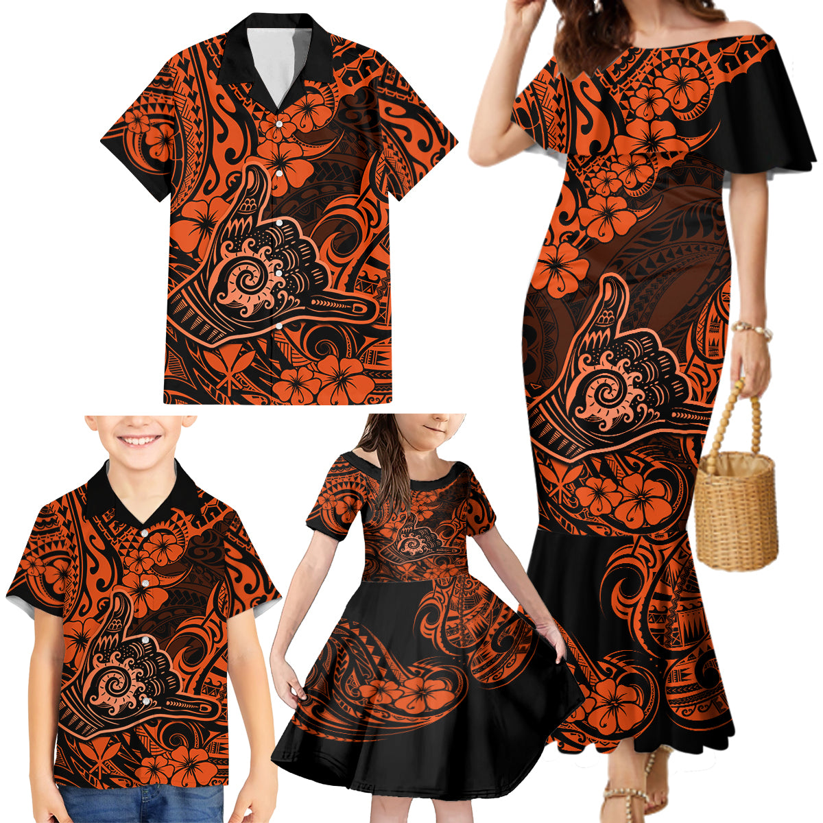 Hawaii Shaka Sign Family Matching Mermaid Dress and Hawaiian Shirt With Polynesian Hibiscus Orange Unique LT01 - Polynesian Pride