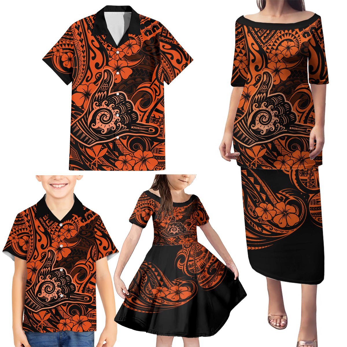 Hawaii Shaka Sign Family Matching Puletasi Dress and Hawaiian Shirt With Polynesian Hibiscus Orange Unique LT01 - Polynesian Pride