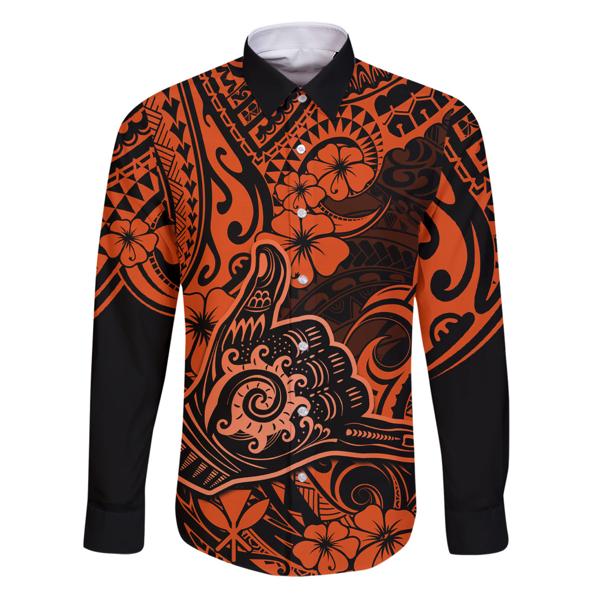 Hawaii Shaka Sign Family Matching Puletasi Dress and Hawaiian Shirt With Polynesian Hibiscus Orange Unique LT01 Dad's Shirt - Long Sleeve Orange - Polynesian Pride