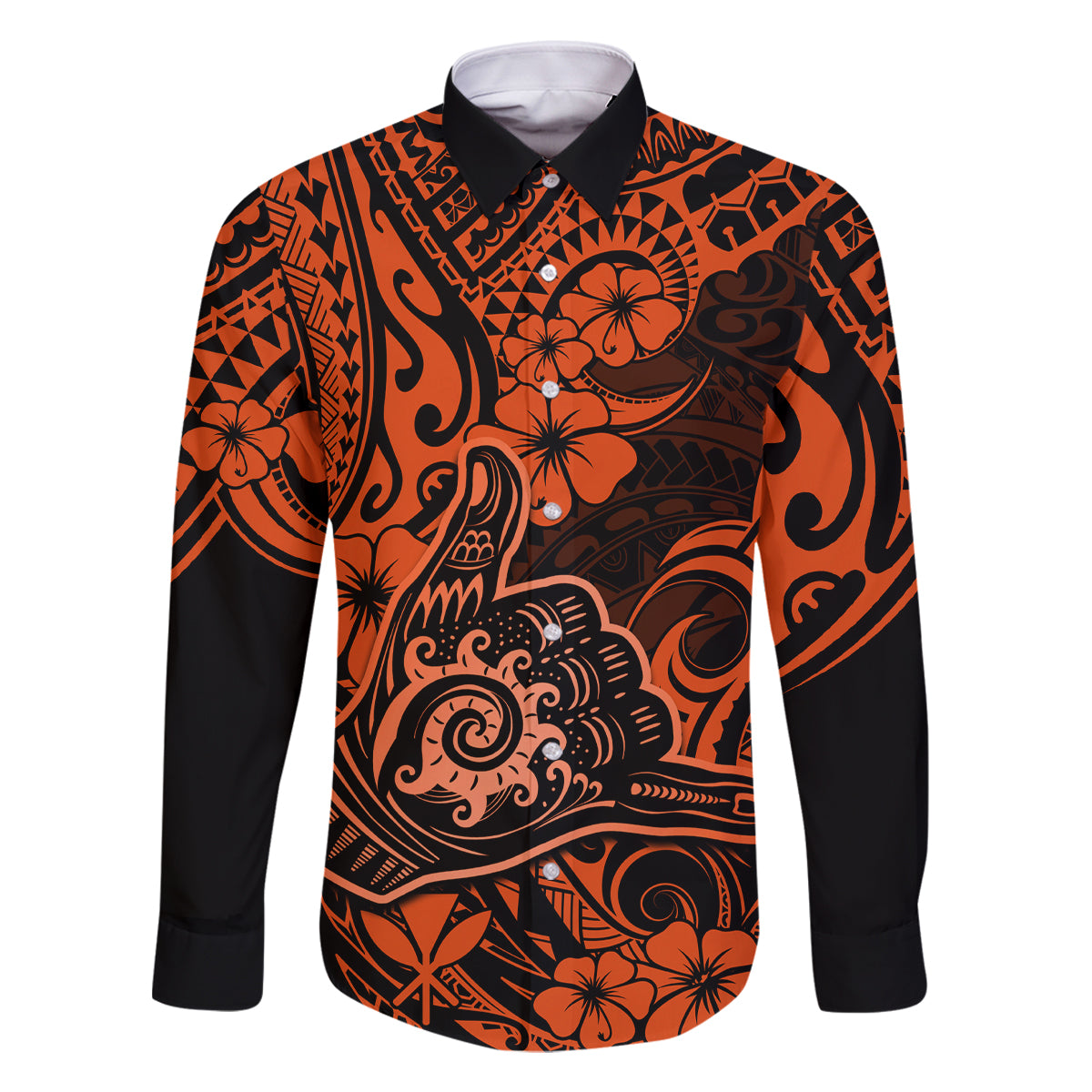 Hawaii Shaka Sign Family Matching Tank Maxi Dress and Hawaiian Shirt With Polynesian Hibiscus Orange Unique LT01 Dad's Shirt - Long Sleeve Orange - Polynesian Pride