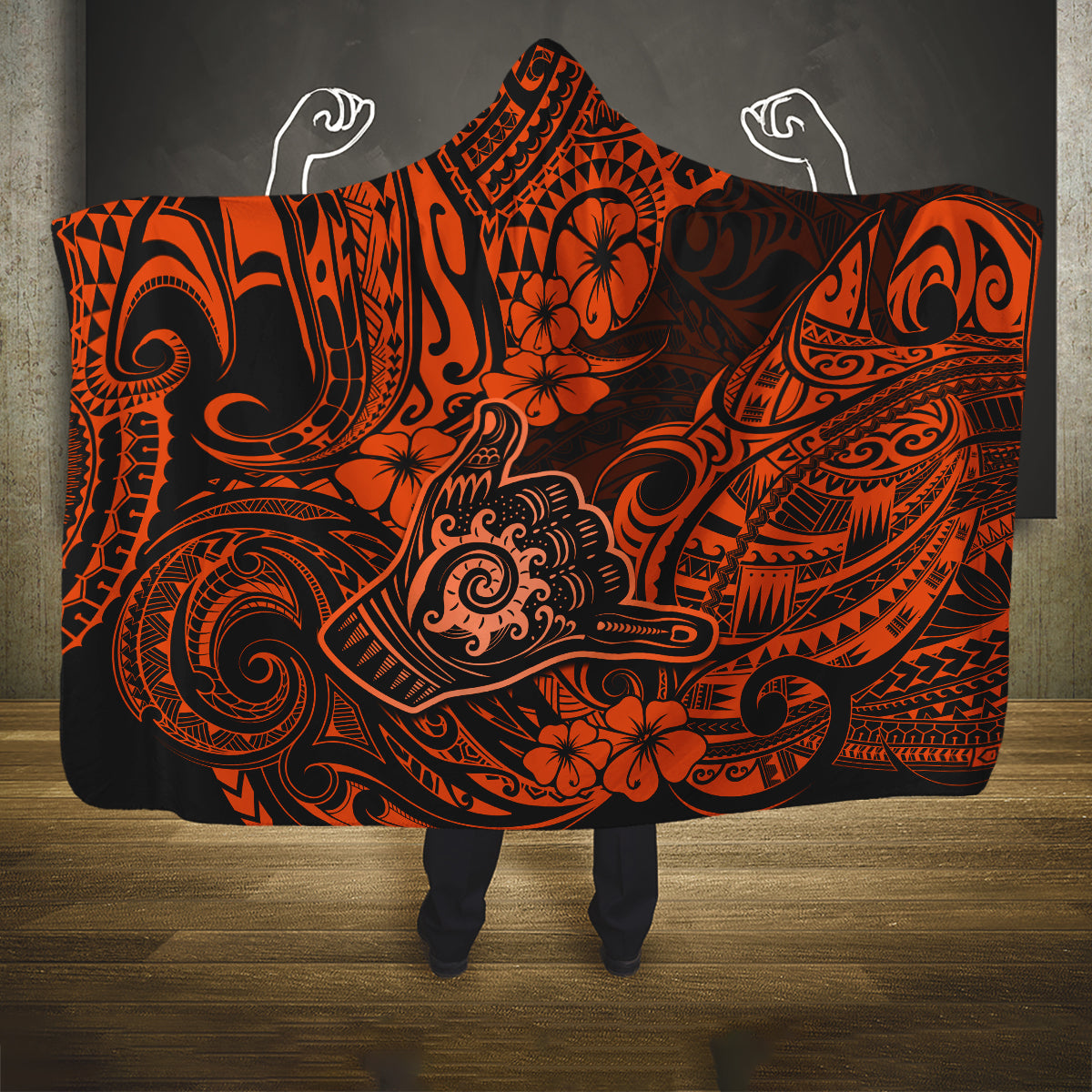 Hawaii Shaka Sign Hooded Blanket With Polynesian Hibiscus Orange Unique LT01 One Size Orange - Polynesian Pride