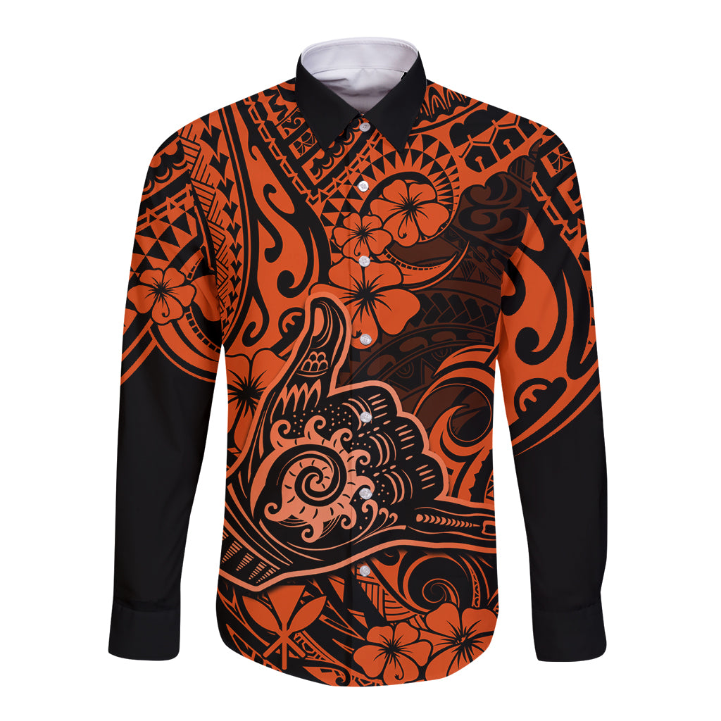 Hawaii Shaka Sign Long Sleeve Button Shirt With Polynesian Hibiscus Orange Unique LT01 Unisex Orange - Polynesian Pride
