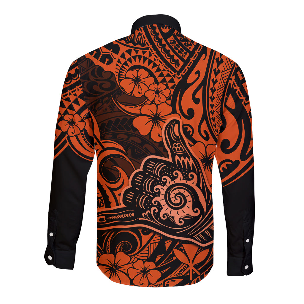 Hawaii Shaka Sign Long Sleeve Button Shirt With Polynesian Hibiscus Orange Unique LT01 - Polynesian Pride