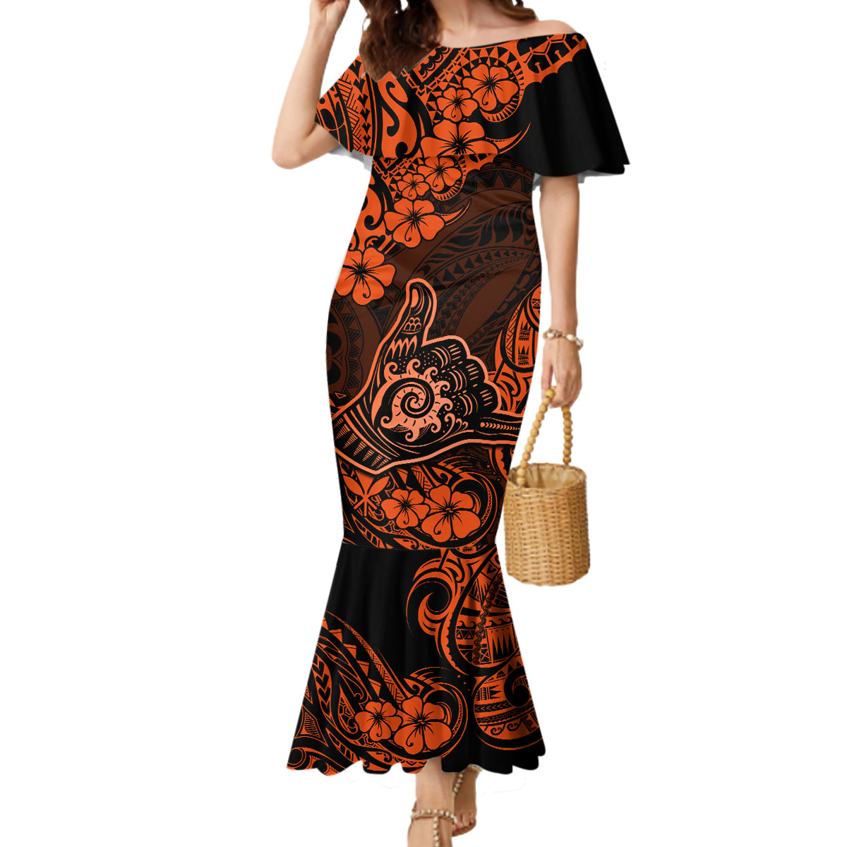 Hawaii Shaka Sign Mermaid Dress With Polynesian Hibiscus Orange Unique LT01 Women Orange - Polynesian Pride