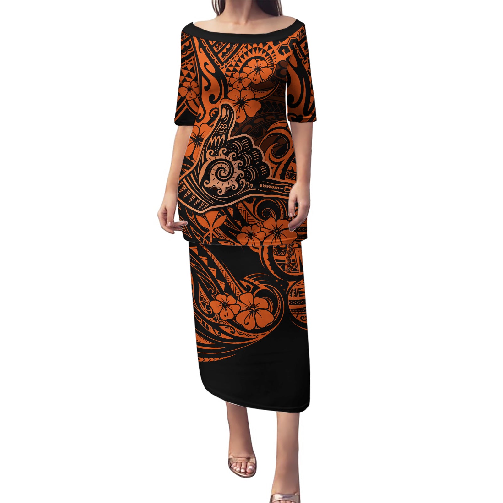 Hawaii Shaka Sign Puletasi With Polynesian Hibiscus Orange Unique LT01 Long Dress Orange - Polynesian Pride