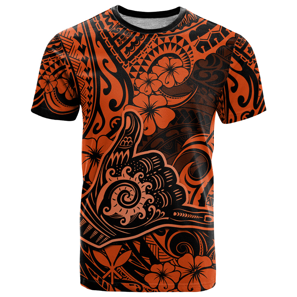 Hawaii Shaka Sign T Shirt With Polynesian Hibiscus Orange Unique LT01 Orange - Polynesian Pride