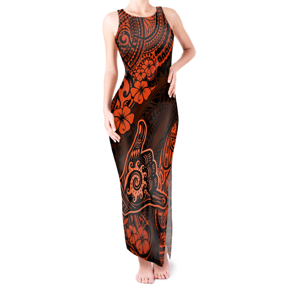 Hawaii Shaka Sign Tank Maxi Dress With Polynesian Hibiscus Orange Unique LT01 Women Orange - Polynesian Pride