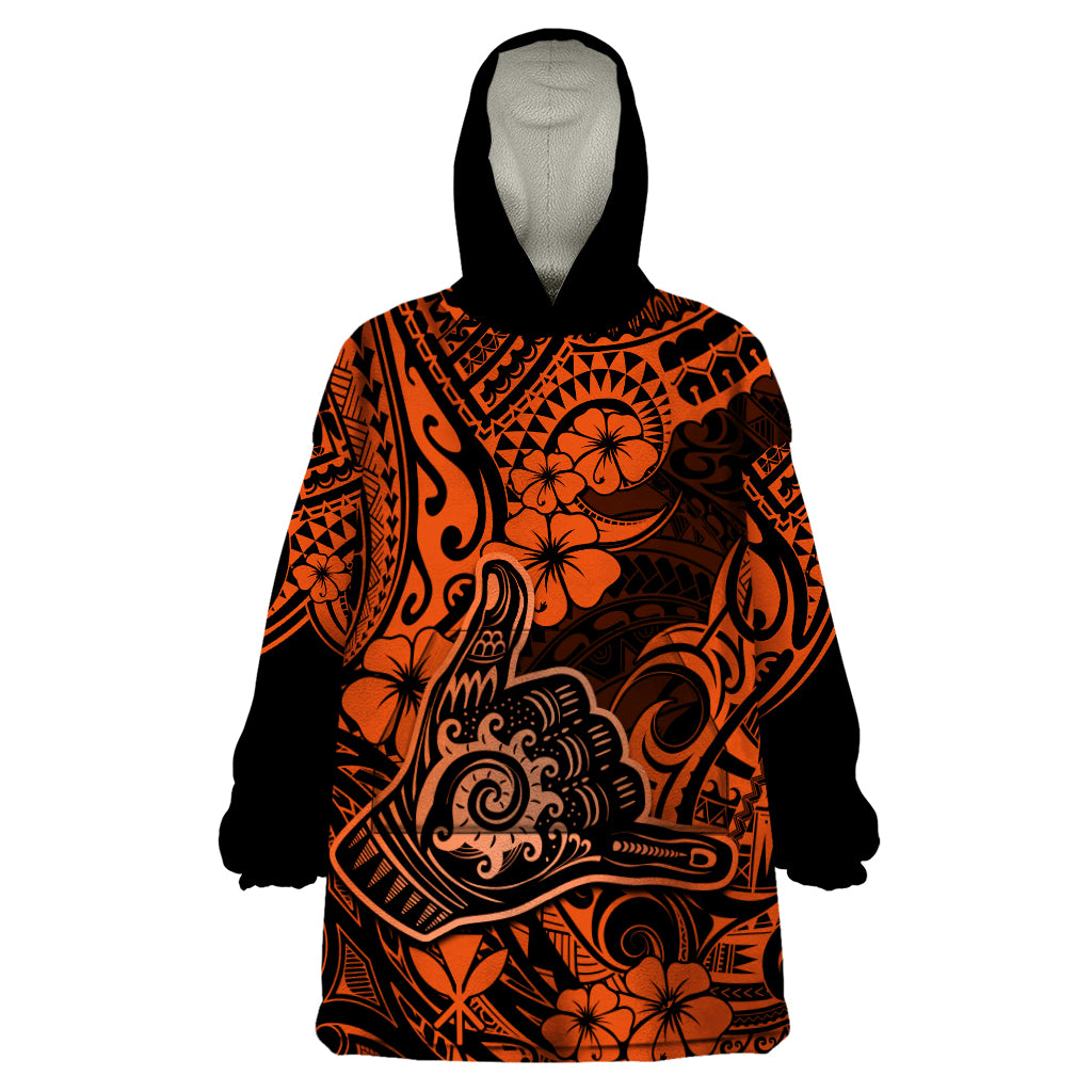 Hawaii Shaka Sign Wearable Blanket Hoodie With Polynesian Hibiscus Orange Unique LT01 One Size Orange - Polynesian Pride